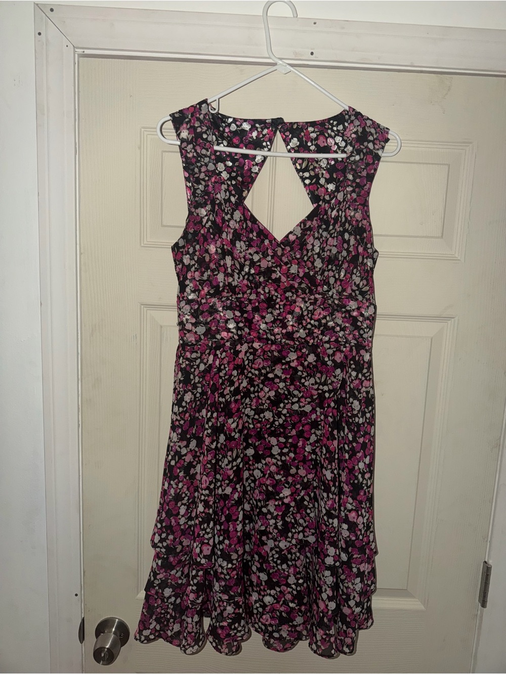 White House Black Market Black Floral Asymmetrical Dress with Pink Accents